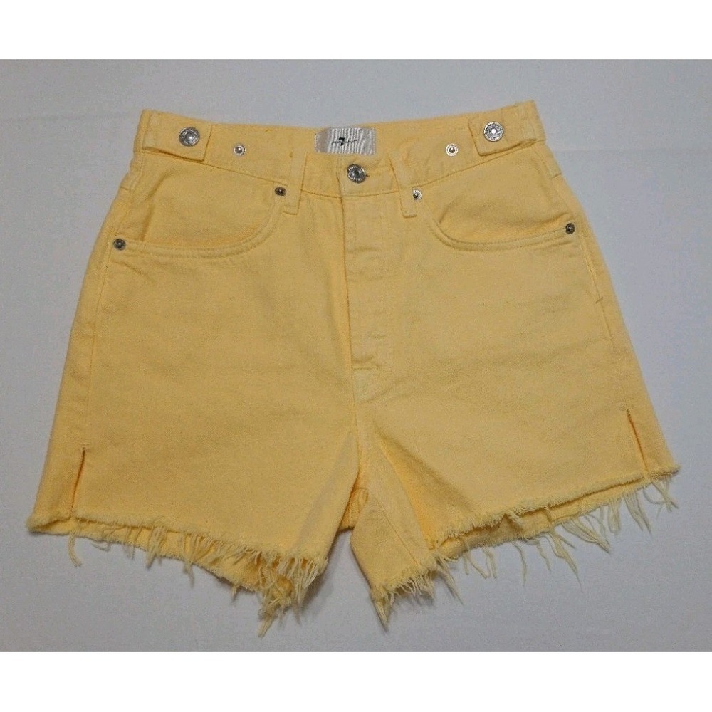 7 For All Mankind Women's Yellow Denim Shorts Button Fly Raw Hem 25 Inseam 3.5"